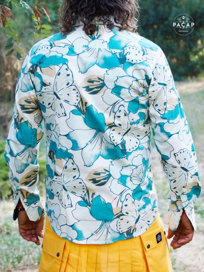 Chemise printanière automnale motifs champêtre jardin fleuris avec papillons, coccinel, fourmis, potage imprimés sur coton leger