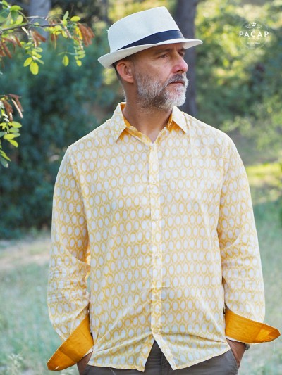 chemise jaune imprimée ethniques ogee motif losanges originale pour homme