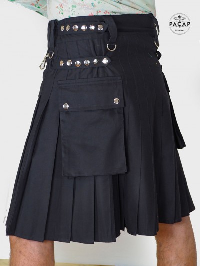 Warrior kilt, black utility kilt, fashion kilt, men's kilt, adjustable kilt, custom size kilt, snap kilt