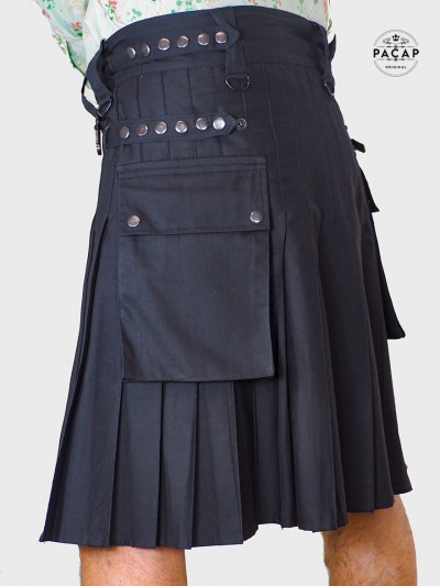 kilt sangles, kilt portefeuille, jupe noire homme, kilt crocket, tablier, anneaux, kilt plissée, kilt en twill, kilt sergé