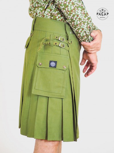 kilt de combat hybrid vert kaki sangle et crochets multi poches fendu, jupe homme plissée taille unique ajustable couleur uni
