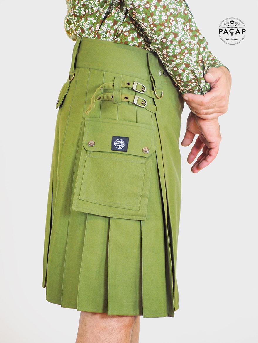 kilt combat hybrid vert kaki sangle passant crochets multi poches fendu, jupe homme plissée taille unique ajustable couleur uni