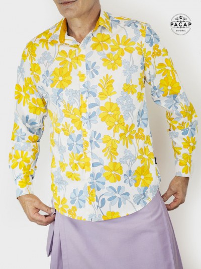 blue and yellow floral print slim-fitted white shirt