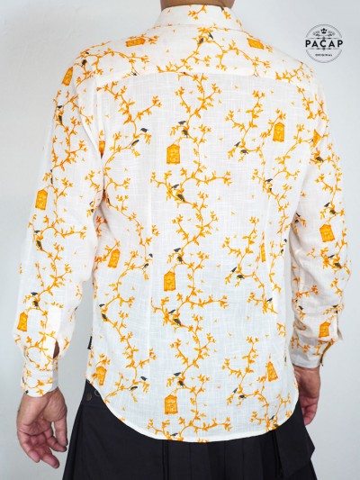 slim-fit white wedding shirt with bohemian print for men
