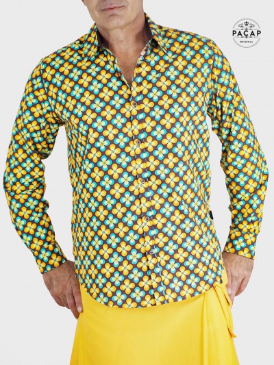 chemise rétro noire et jaune pour homme à manche longue coton epais motifs imprimé numerique