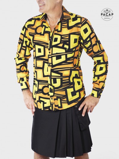 men's amerindian shirt tribal print ToTEM ethnic voodoo yellow and black