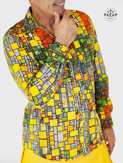 men's eccentric yellow shirt with stained glass window print cathedral church