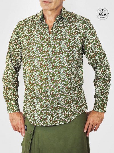 khaki green shirt in rayon printed with small white flowers, long sleeves for men, green shirt