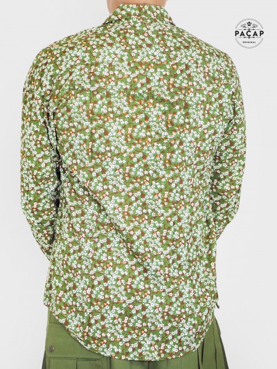 chemise vert kaki imprimé liberty pour homme en viscose, chemise camouflable, chemise champetre, chemise florale