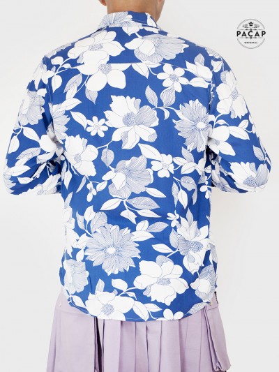 men's Hawaiian shirt in blue viscose with white floral print, slim fit, long sleeves