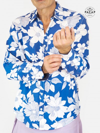Chemise bleue a fleurs blanche fluide en rayonne pour homme, chemise florale, chemise hawaienne bleue