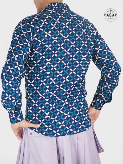 chemise bleue marine homme imprimé, marque francaise, chemise ajustée, chemise à motif, chemise fine