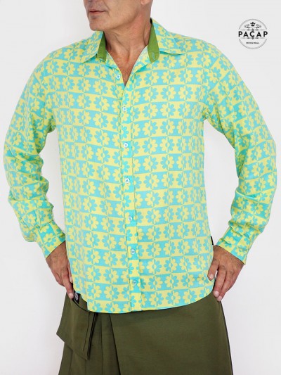 chemise homme claire verte fluo originale rétro vintage imprimé fantaisie fleurs turquoise bi colore mode disco groovy loud