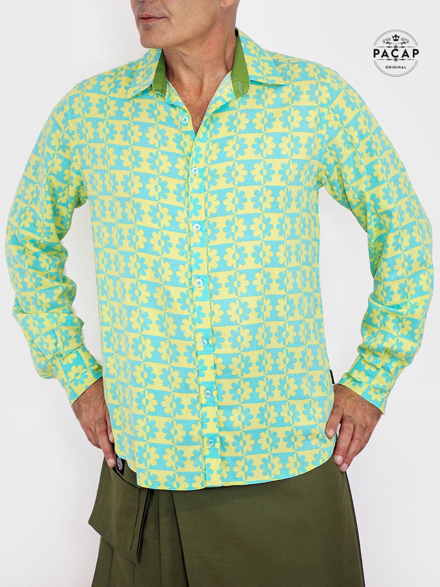 men's shirt clear green fluorescent original retro vintage fancy print turquoise flowers bi colore fashion disco groovy loud