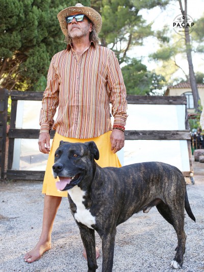 men's shirt with dog and striped shirt with yellow kil cargo pocket