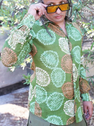 green dandelion print shirt long sleeves cotton voile