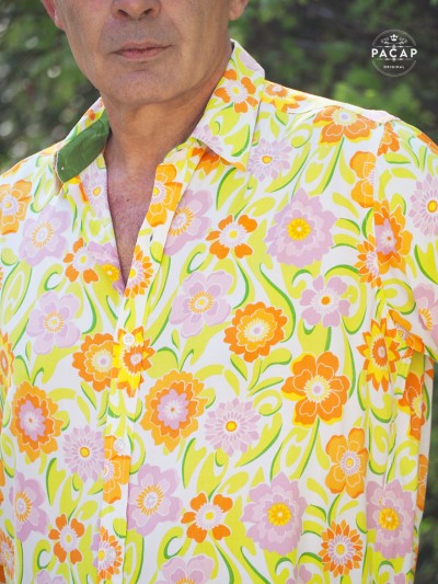 chemise vert pomme imprimé florale, hcemise décontractée homme, chemise taille ajustée, chemise bar cocktail
