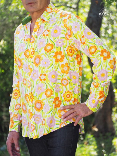 chemise hawaienne manche longue fleurs vert fluo, chemise a fleurs colorées, chemise viscose fleurie, vacance, plage