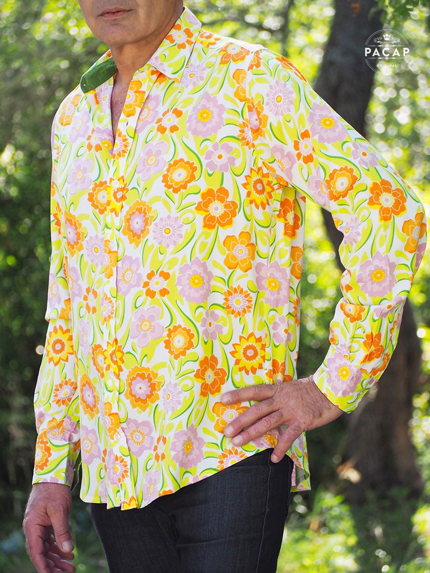 hawaian shirt long sleeves fluorescent green flowers, colorful flowers shirt, flowery viscose shirt, vacation, beach