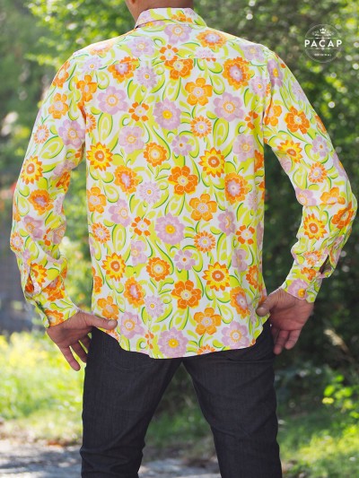 chemise verte fleurs orange, chemise fleurs rose, chemise haiti fluide, chemise tropical casual, slim fit, chemise viscose verte