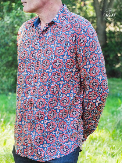 chemise rouge originale pour homme motif indien perse, impression pochoir block print