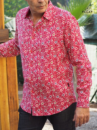 straight red shirt with white flowers for men, red rayon shirt for men