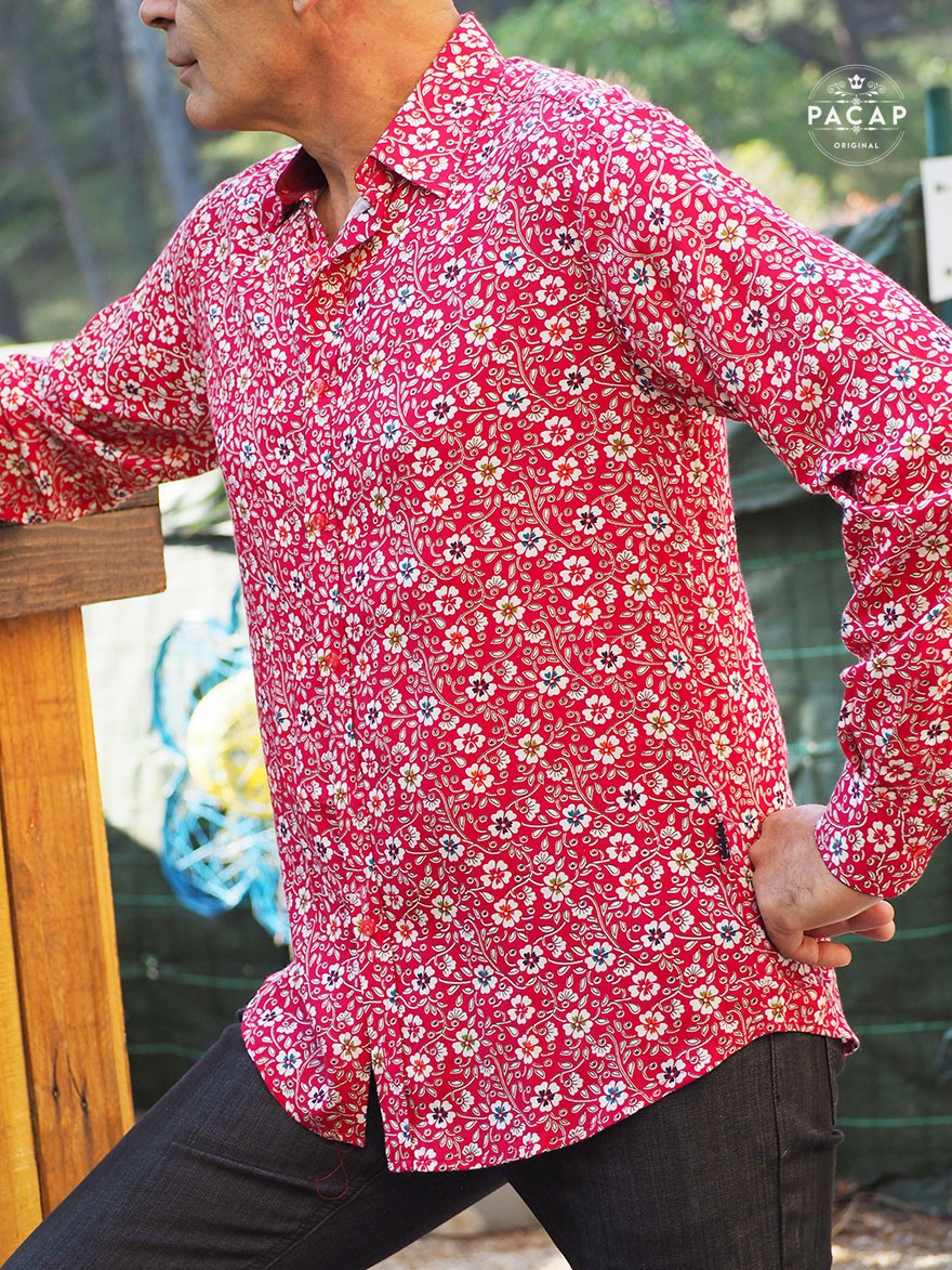 red shirt with white flowers, red viscose shirt, red flowing shirt, red shirt for men
