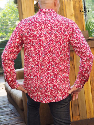 glamour red shirt for men with white flowers, buttoned cuffs, red shirt with lapels