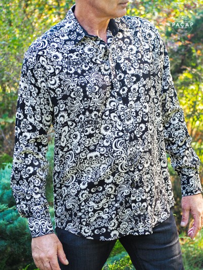chic shirt for men, black viscose shirt with white flowers, elegant shirt with flowers