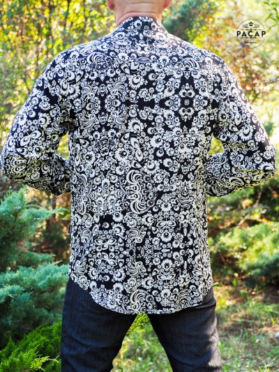 black and white floral shirt, fitted straight cut, black flowing shirt, tone-on-tone shirt