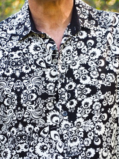 professional black shirt with white flowers, monochrome shirt, dress shirt