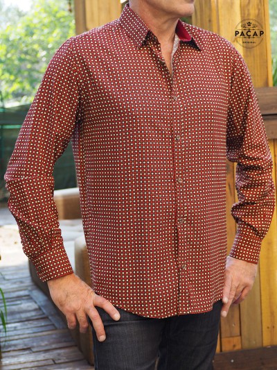 brown gingham shirt, terracota print shirt, small check fluid shirt, viscose shirt man