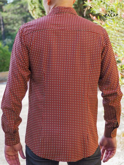 terracotta red viscose shirt, brown shirt for men with check pattern, fitted terracotta shirt, gingham shirt