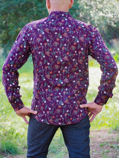 violet magenta floral shirt for men, mauve long sleeve floral t'shirt
