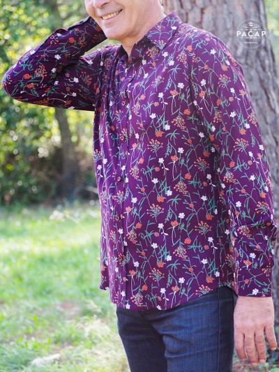 Magenta shirt long-sleeved casual purple Printed vegetal slim-fitting size
