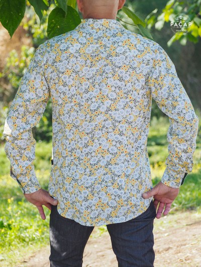 men's apple green casual slim fit shirt with small white flowers pattern