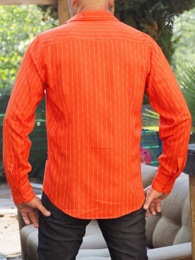 men's orange-red casual shirt with white stripes