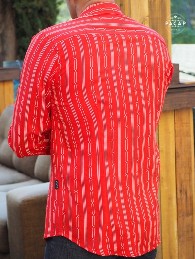 bright red men's long-sleeved shirt with white stripes fantasy print