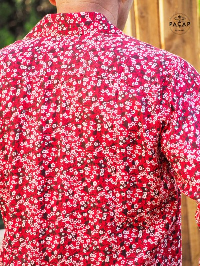 Red shirt for men with small flowers, liberty pattern, casual shirt, fancy shirt