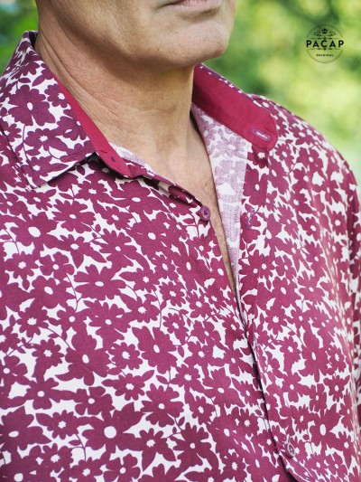 chemise homme à fleurs rouge bordeaux imprimé liberty à manches longues, chemise élégante