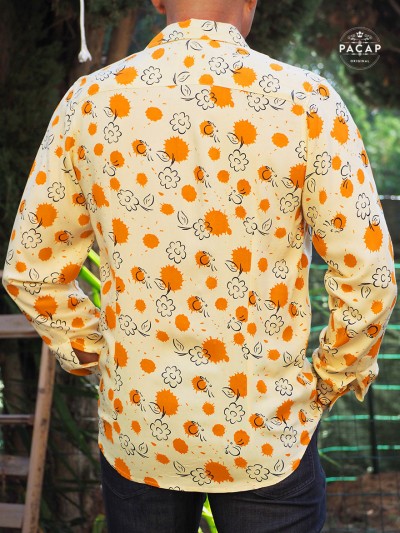 chemise été, chemise fluide, chemise jaune, chemise a fleurs, chemise vintage, chemise rétro, chemise orange