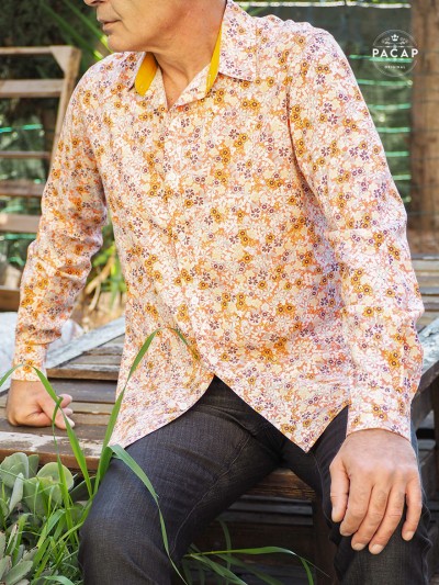 liberty orange shirt with pink and white flowers, casual shirt, colorful shirt for men