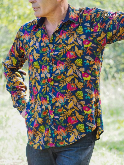 Men's blue floral and fruit long-sleeve flowing shirt in viscose