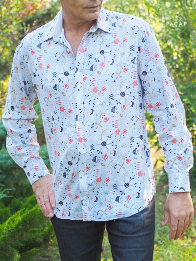 light blue fluid shirt for men with hand-drawn pattern