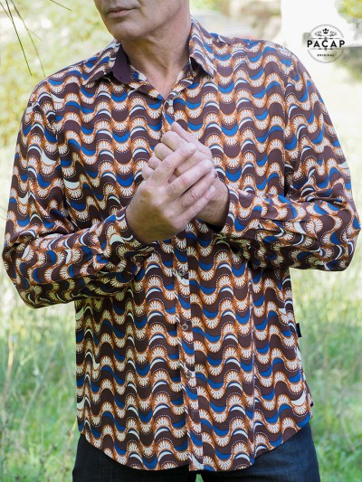 chemise marron pour homme motif africaine imprimé vague ondulation, chemise originale, chemise vintage