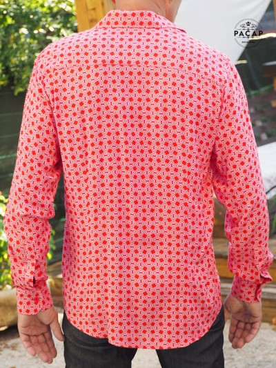 chemise en viscose rouge imprimé géometrique carreaux losange, chemise fantaisie, chemise originale