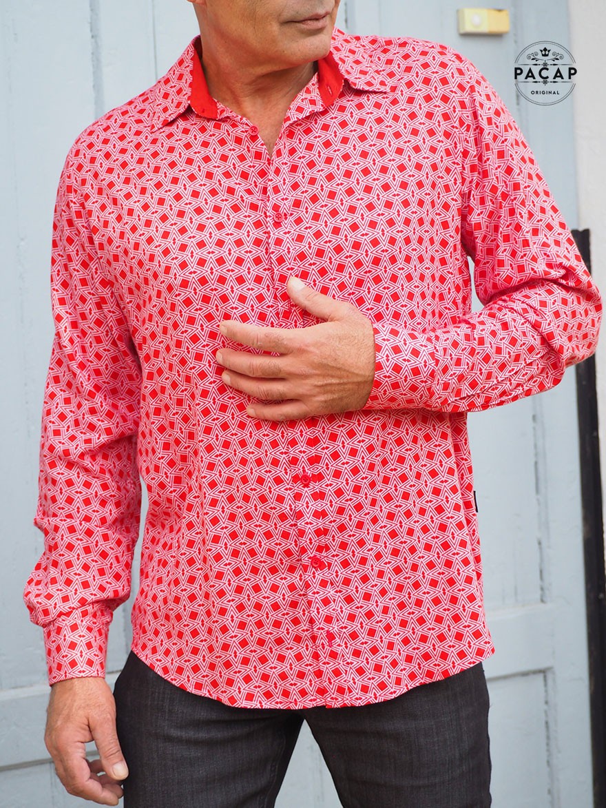 chemise rouge pour homme imprimé geometrique en viscose, taille ajustée, manches longues, motif carreaux losanges