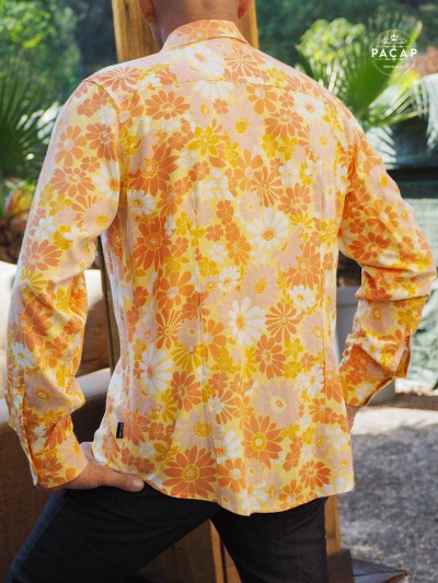yellow flower shirt, pop shirt, vacation shirt, tropical shirt, beach shirt, cocktail shirt
