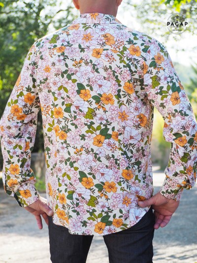 pastel yellow shirt with green and yellow flowers, casual shirt, long sleeve