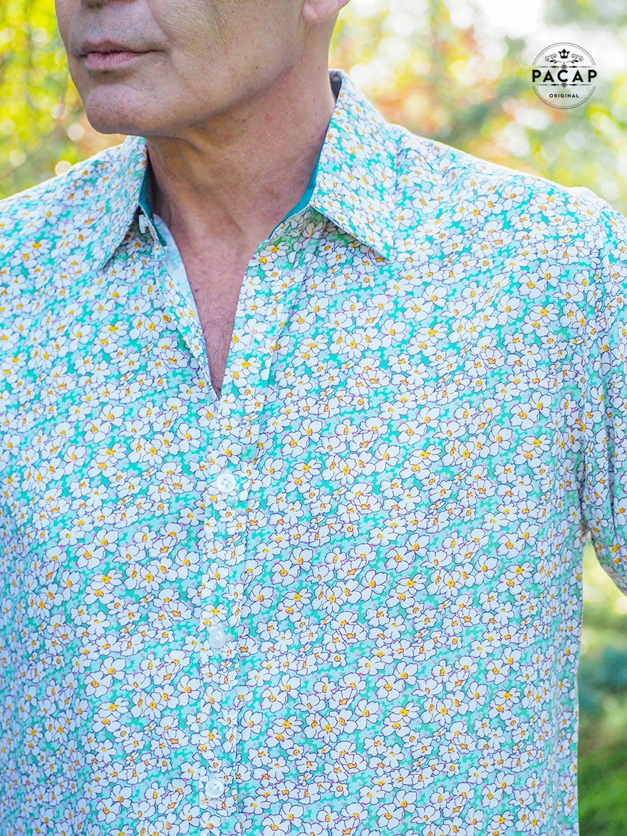 green shirt with white flowers, flowery shirt, floral shirt, green liberty shirt for men, bohemian shirt